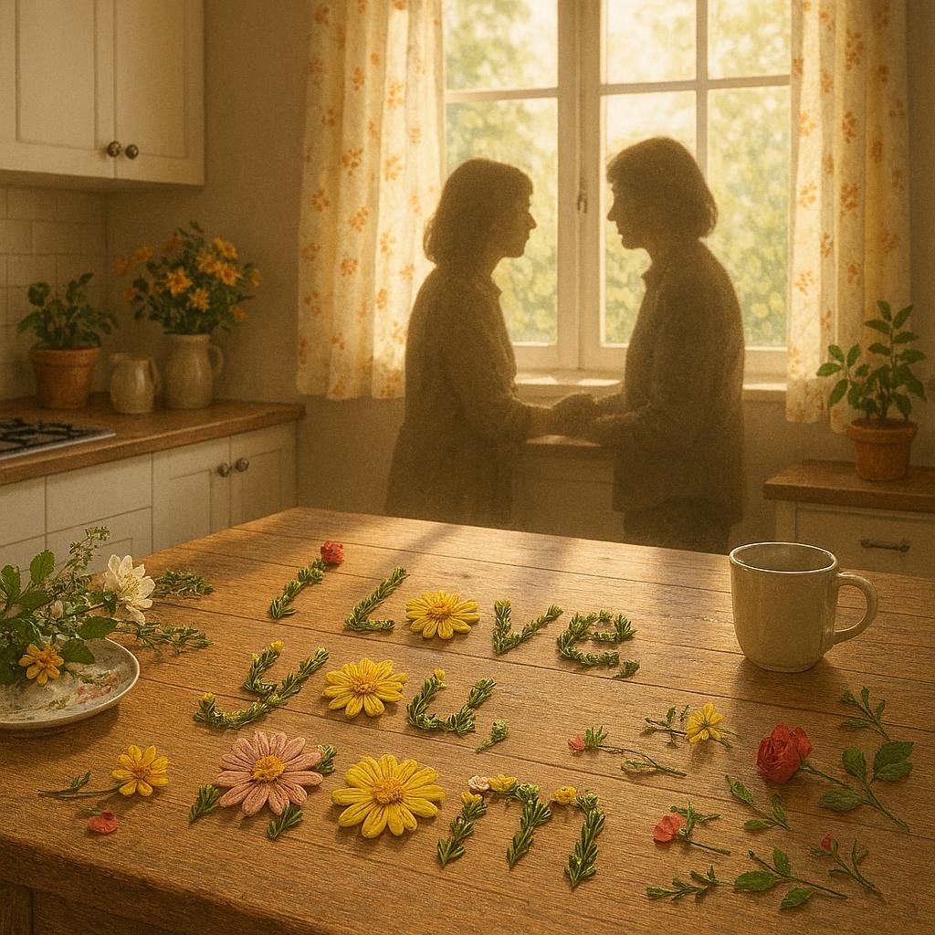 Cozy sunlit kitchen scene with a mother and adult child silhouette near a window, soft spring light, floral elements on the table forming the words “I Love You, Mom”, realistic textures
